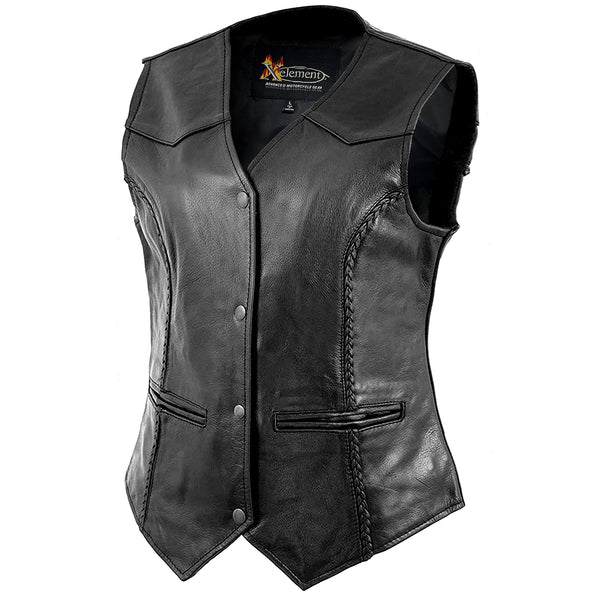 Xelement B340 Black Motorcycle Vest for Womens - Ladies Real Genuine Leather Biker Gilet