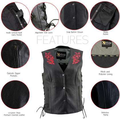 Xelement XS24006 Ladies ‘Gemma’ Black and Red Leather Vest with Side Lace Adjustment