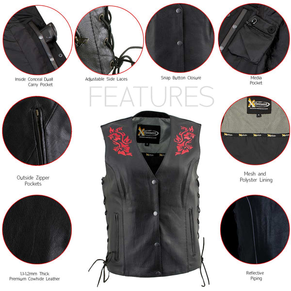 Xelement XS24006 Ladies ‘Gemma’ Black and Red Leather Vest with Side Lace Adjustment