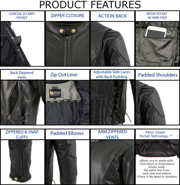 Xelement B7201 'Speedster' Men's Black Top Grade Leather Motorcycle Jacket with Zip-Out Lining