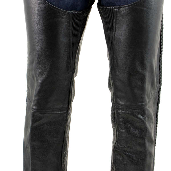 Xelement B7555 Classic Men's Black 'Braided' Elastic Fit Leather Chaps