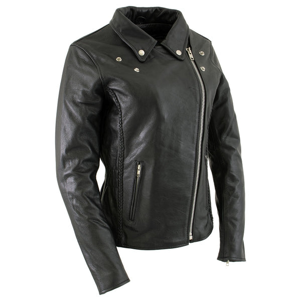 Xelement B8000 Black Motorcycle Leather Jacket for Women - Ladies Real Genuine Leather Biker Coat