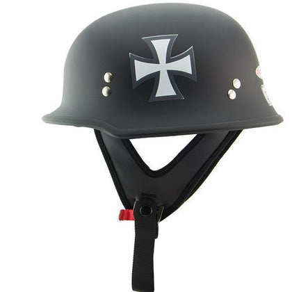 Outlaw Helmets N10 NOVELTY Black Iron Cross German Style Motorcycle Half Helmet for Men & Women - Adult Unisex Skull Cap for Bike Scooter ATV UTV Chopper Skateboard (Medium)