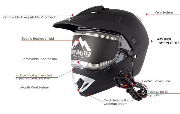 Snow Master TX45 Ultra Light Weight Flat Black Dual Sport Snowmobile Motorcycle Full Face Helmet for Men & Women - DOT Approved for Bike Scooter ATV UTV Chopper Skateboard