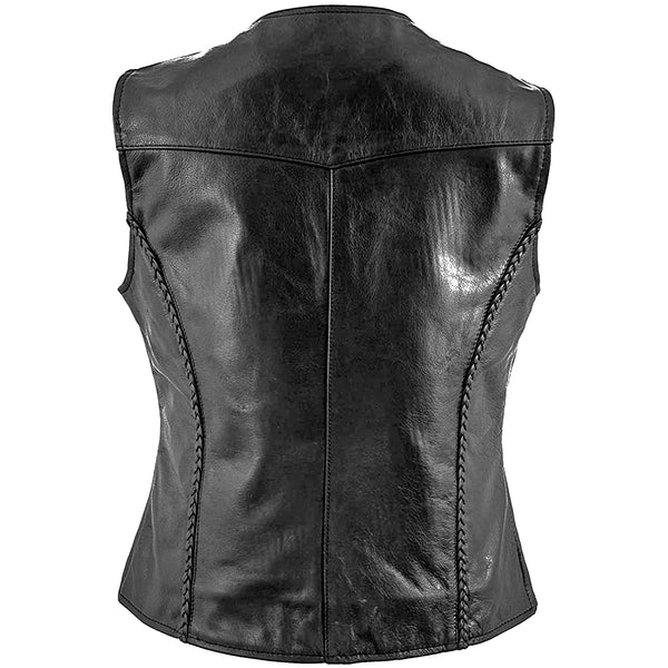 Women's 100% Real Leather Laced Up Motorcycle Biker Waistcoat – Black Vest
