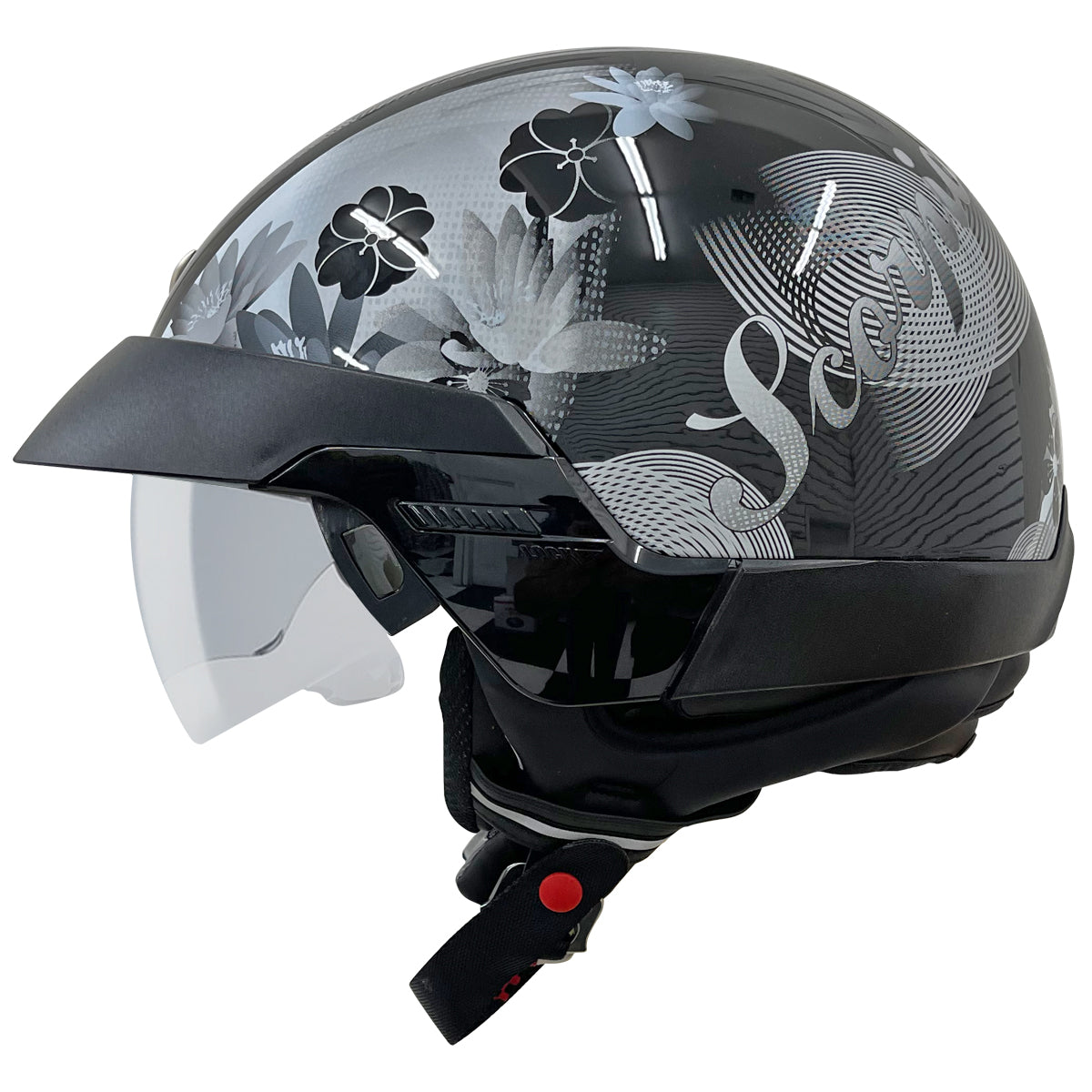 Outlaw Helmets T70 Glossy Black Purple Butterfly Motorcycle Half Helmet for Men & Women with Sun Visor Dot Approved - Adult Unisex Skull Cap for