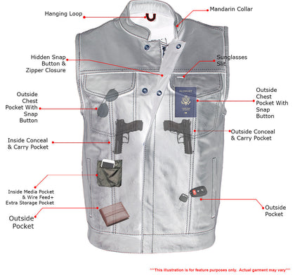 Xelement XS3450 Men's 'Paisley' Black Leather Motorcycle Vest with White Stitching