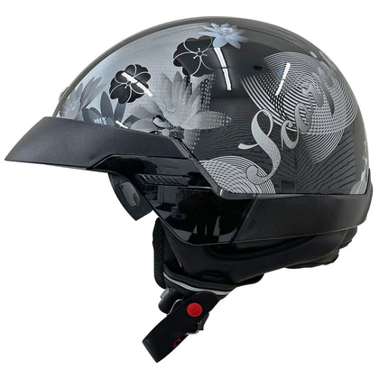 Outlaw Helmets EXO Glossy Black & White Motorcycle Half Helmet for Men & Women with Drop Down Sun Visor DOT Approved - Adult Unisex Skull Cap for Bike Scooter ATV UTV Chopper Skateboard