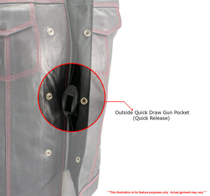 Xelement XS3449 Men's 'Paisley' Black Leather Motorcycle Vest with Red Stitching