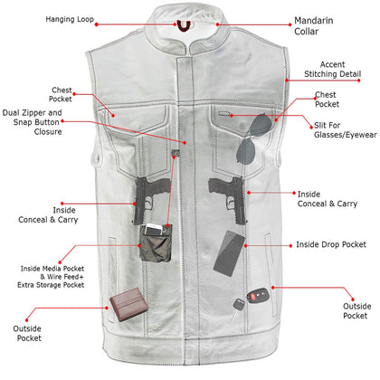 Xelement ‘Gold Series’ XS13004 Men's 'Dagger’ Black Leather MC Vest with Flannel Liner