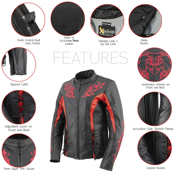 Xelement XS2029 Women's 'Gemma' Black and Red Leather Embroidered Jacket with X-Armor