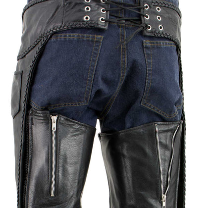 Xelement B7555 Classic Men's Black 'Braided' Elastic Fit Leather Chaps