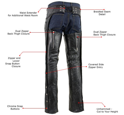 Xelement B7555 Classic Men's Black 'Braided' Elastic Fit Leather Chaps