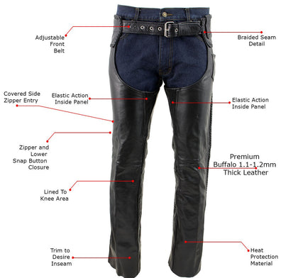 Xelement B7555 Classic Men's Black 'Braided' Elastic Fit Leather Chaps