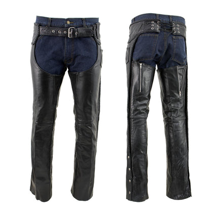 Xelement B7555 Classic Men's Black 'Braided' Elastic Fit Leather Chaps