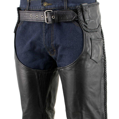 Xelement B7555 Classic Men's Black 'Braided' Elastic Fit Leather Chaps