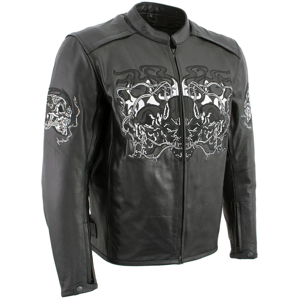 Xelement B95010 Men's 'Bones' Black Armored Cruiser Motorcycle Jacket with  Reflective Skulls - Small / Black