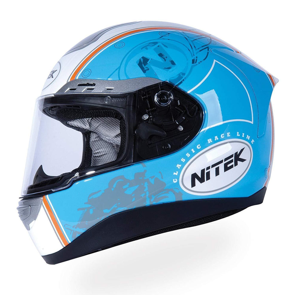 blue line motorcycle helmet Nitek P1 Glossy White Retro Blue Full Face Motorcycle Street Helmet