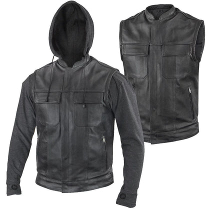 Xelement BXU1006 Men's 'Jax' Black Leather Motorcycle Hoodie Jacket with Convertible Vest