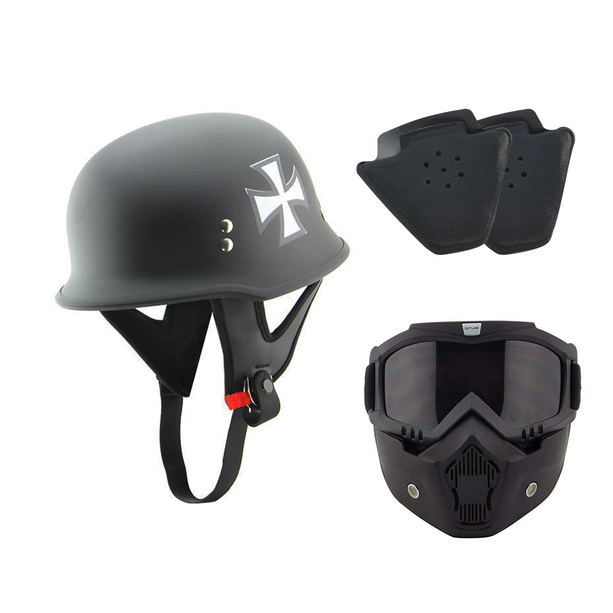 Outlaw T-99 Iron Cross German Style Flat Black Half Helmet with Outlaw 50 Nemes and Audio Speaker Earpads Outlaw T-99 Iron Cross German Style Flat Black Half Helmet with Outlaw 50 Nemes and Audio Speaker Earpads