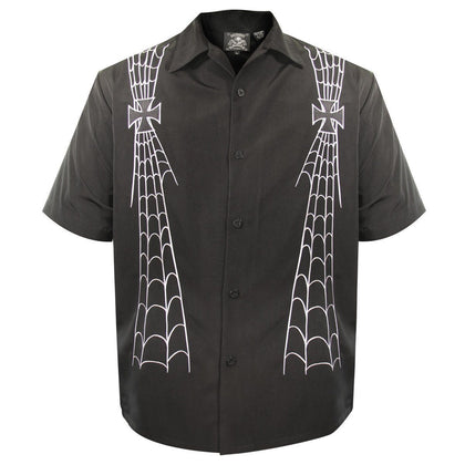 Rockhouse Iron Cross Web Black Button up Short Sleeve Shirt