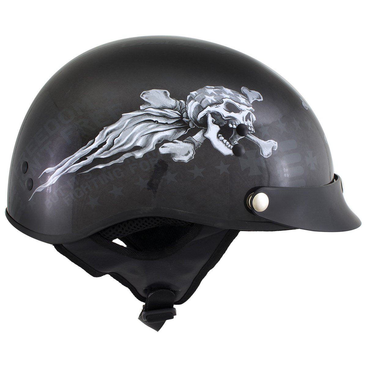 Outlaw Helmets T70 Black Freedom Skull Motorcycle Half Helmet for Men & Women with Sun Visor DOT Approved