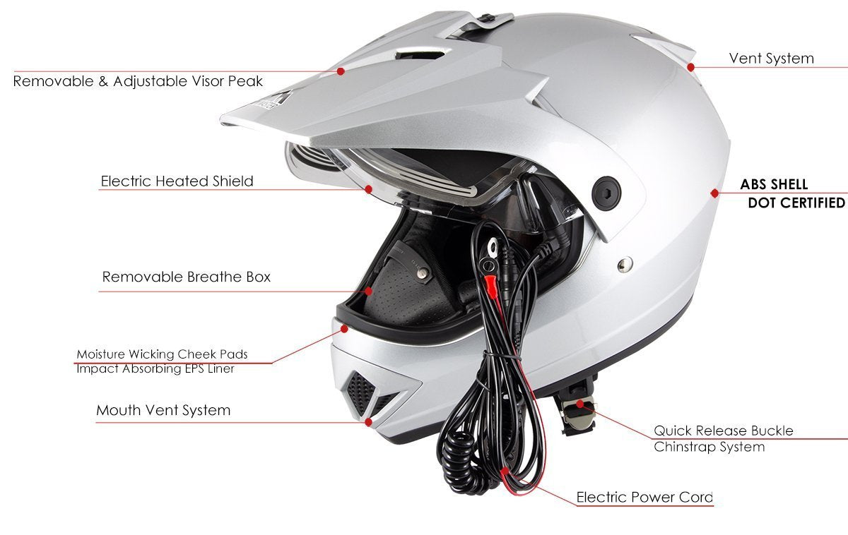 atv motorcycle helmets 92545 Snow Master TX45 Ultra Light Weight Silver Dual Sport Snowmobile Motorcycle Full Face Helmet for Men & Women
