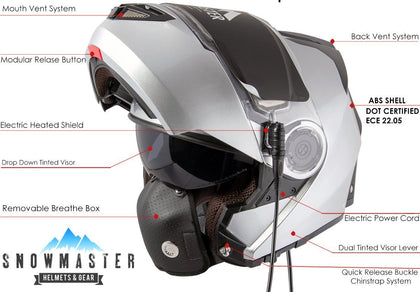 Snow Master TX50 Ultra Light Weight Modular Silver Dual Use Sport Snowmobile and street Motorcycle Full Face Helmet for Men & Women - DOT Approved for Bike Scooter ATV UTV Chopper Skateboard