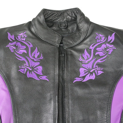 Xelement XS2027 Ladies 'Gemma' Black and Purple Leather Embroidered Jacket with X-Armor Protection